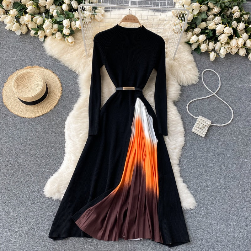 Retro Print Pleated Dress Women Elegant Knitted Gradient Patchwork Long Sleeve
