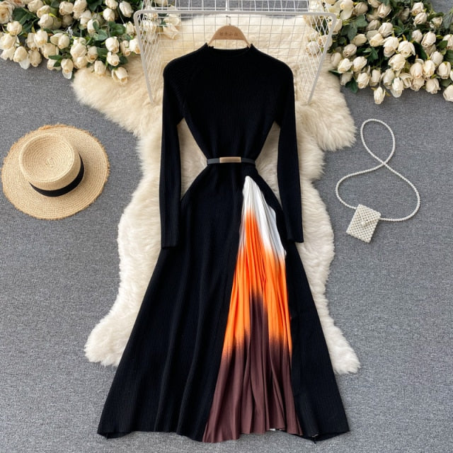 Retro Print Pleated Dress Women Elegant Knitted Gradient Patchwork Long Sleeve