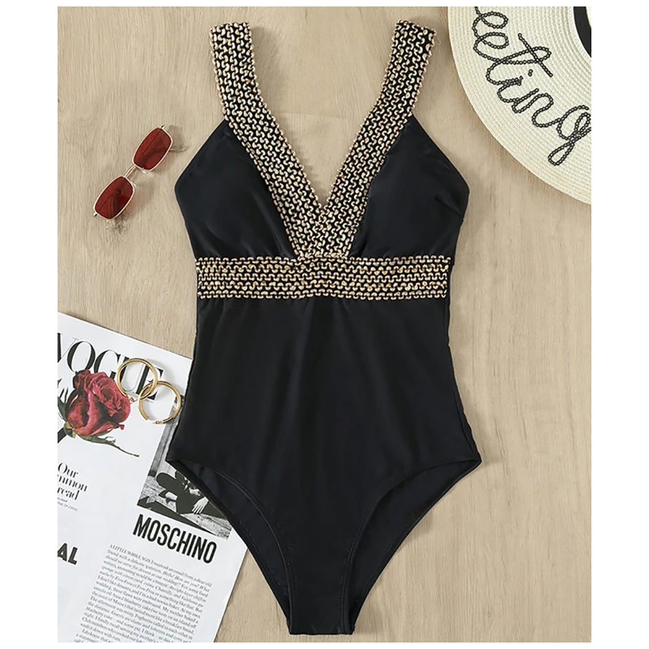 Plunge Neckline One Piece Swimsuit Women Sexy Black Swimwear V-Neck Solid Patchwork Backless