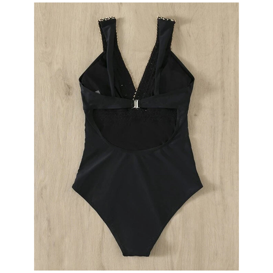 Plunge Neckline One Piece Swimsuit Women Sexy Black Swimwear V-Neck Solid Patchwork Backless