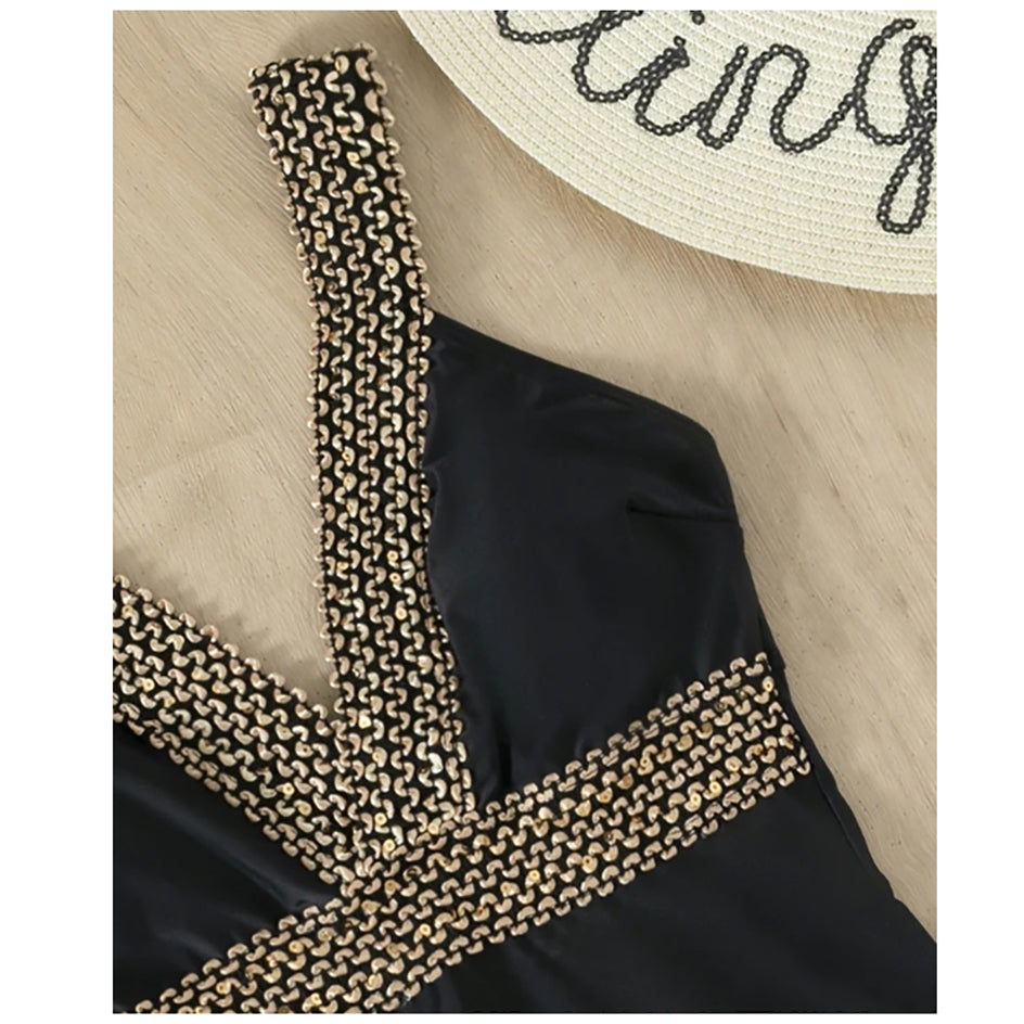 Plunge Neckline One Piece Swimsuit Women Sexy Black Swimwear V-Neck Solid Patchwork Backless