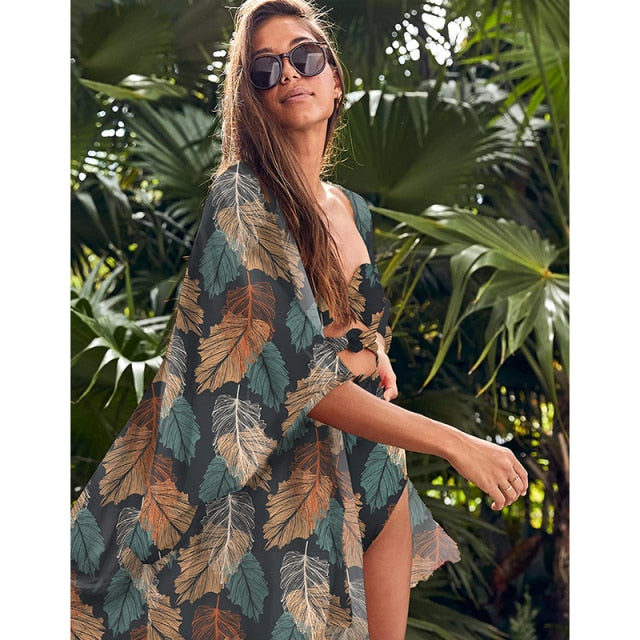 New Bikini Beach Skirt Tunics for Beach Long Leaves Print Bikini Cover up