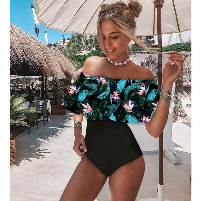 Solid Swimwear Women One Piece Swimsuit Female Bathing Suit Ruffle Monokini