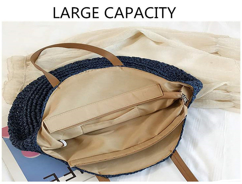 Round Zipper Fashionable Straw Woven Bag Handmade Summer Beach Women Bags