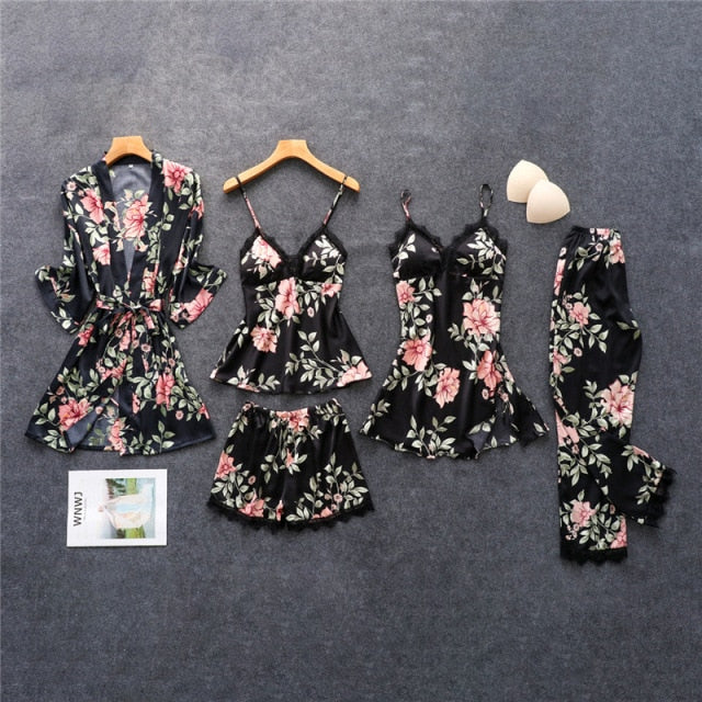 Women's Pajamas Silk Floral Set Satin Pijamas Sleepwear Home Clothes