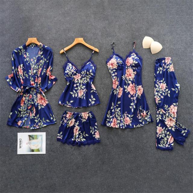 Women's Pajamas Silk Floral Set Satin Pijamas Sleepwear Home Clothes