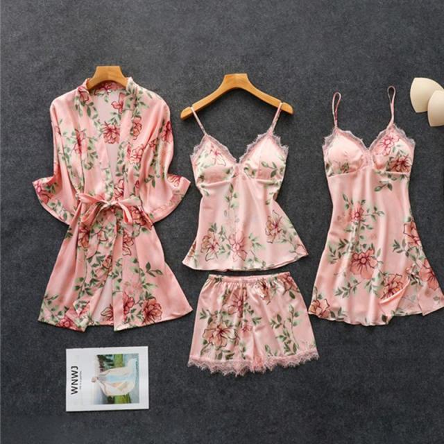 Women's Pajamas Silk Floral Set Satin Pijamas Sleepwear Home Clothes