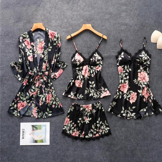 Women's Pajamas Silk Floral Set Satin Pijamas Sleepwear Home Clothes
