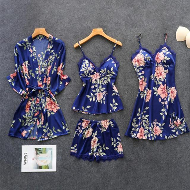 Women's Pajamas Silk Floral Set Satin Pijamas Sleepwear Home Clothes