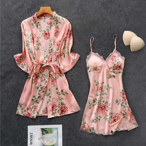 Women's Pajamas Silk Floral Set Satin Pijamas Sleepwear Home Clothes