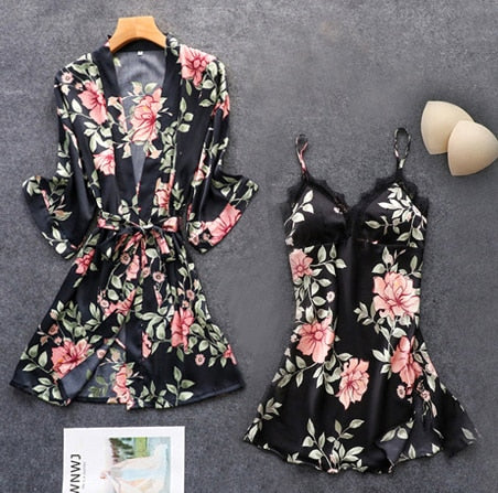Women's Pajamas Silk Floral Set Satin Pijamas Sleepwear Home Clothes