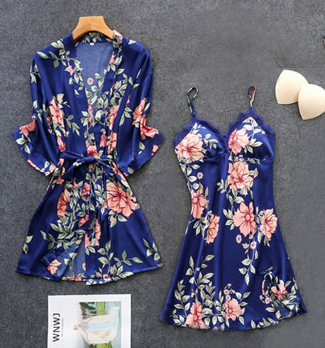 Women's Pajamas Silk Floral Set Satin Pijamas Sleepwear Home Clothes