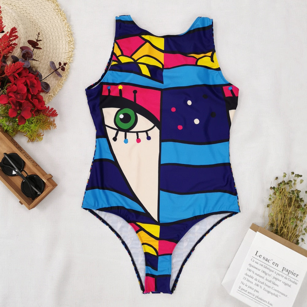 Women abstract Print One Piece Swimsuit Female Closed Vintage Swimwear