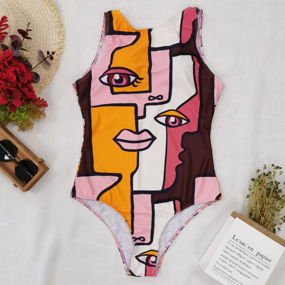 Women abstract Print One Piece Swimsuit Female Closed Vintage Swimwear