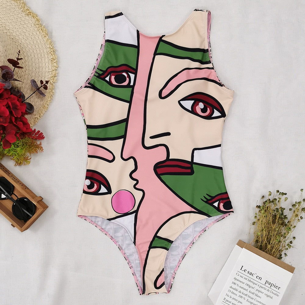 Women abstract Print One Piece Swimsuit Female Closed Vintage Swimwear