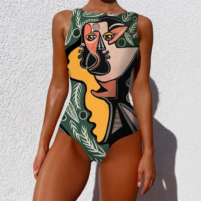 Women abstract Print One Piece Swimsuit Female Closed Vintage Swimwear