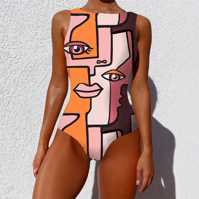 Women abstract Print One Piece Swimsuit Female Closed Vintage Swimwear