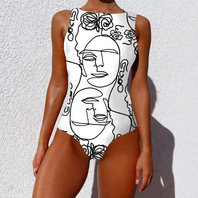 Women abstract Print One Piece Swimsuit Female Closed Vintage Swimwear