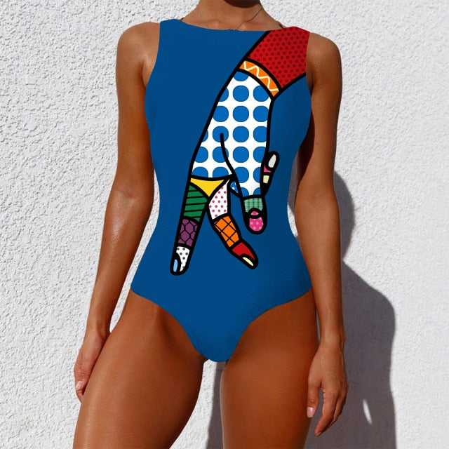 Women abstract Print One Piece Swimsuit Female Closed Vintage Swimwear