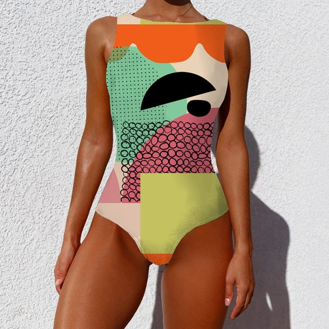 Women abstract Print One Piece Swimsuit Female Closed Vintage Swimwear