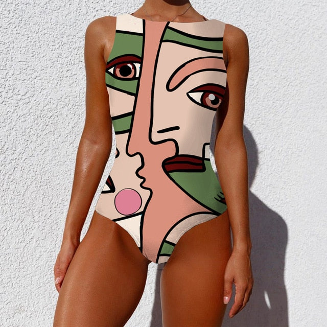 Women abstract Print One Piece Swimsuit Female Closed Vintage Swimwear