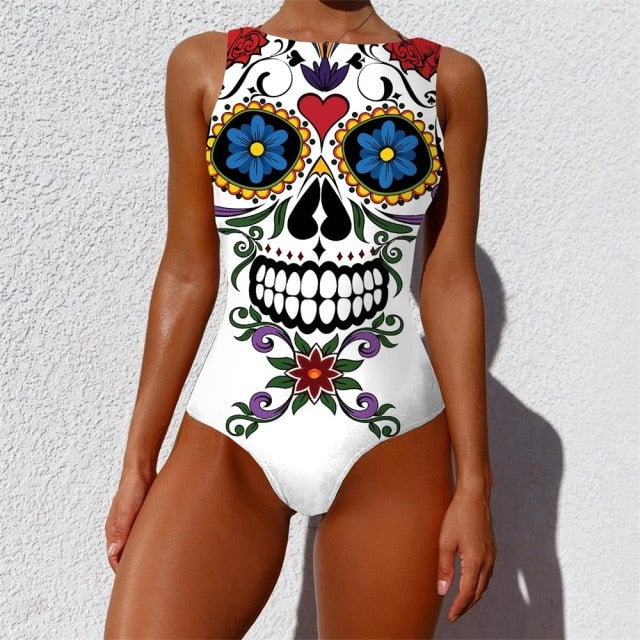 Women abstract Print One Piece Swimsuit Female Closed Vintage Swimwear