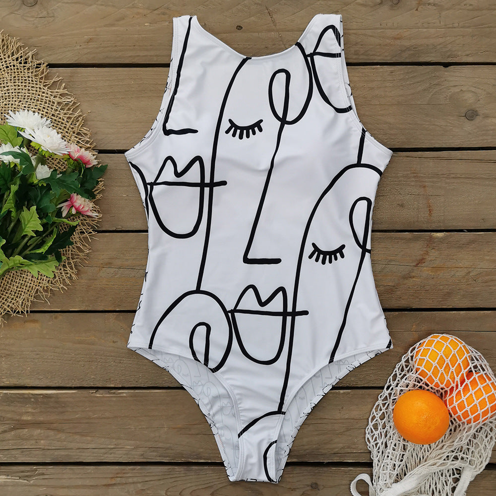 Women abstract Print One Piece Swimsuit Female Closed Vintage Swimwear