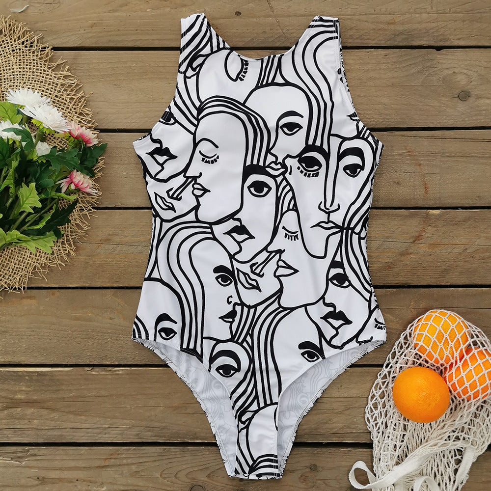 Women abstract Print One Piece Swimsuit Female Closed Vintage Swimwear