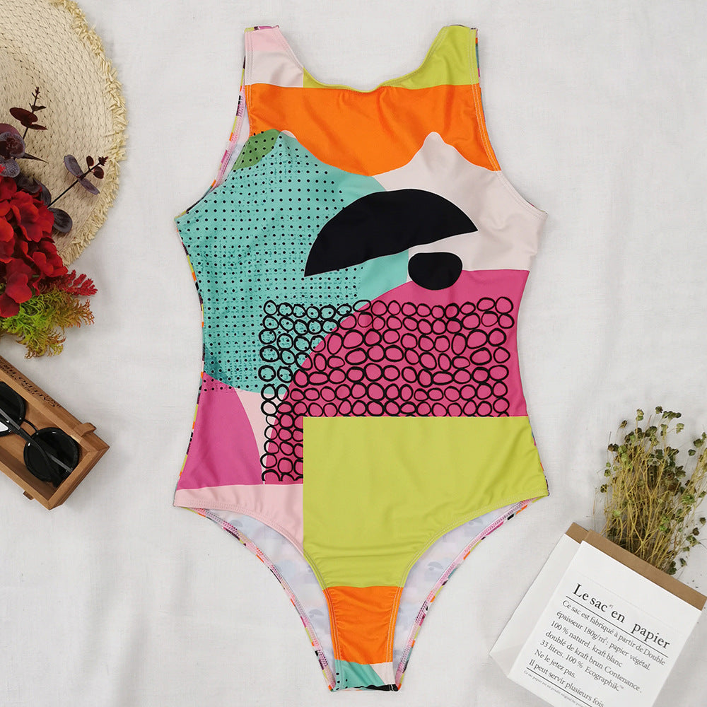 Women abstract Print One Piece Swimsuit Female Closed Vintage Swimwear