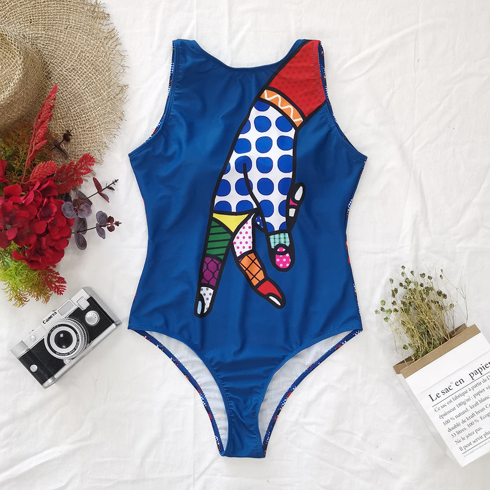 Women abstract Print One Piece Swimsuit Female Closed Vintage Swimwear