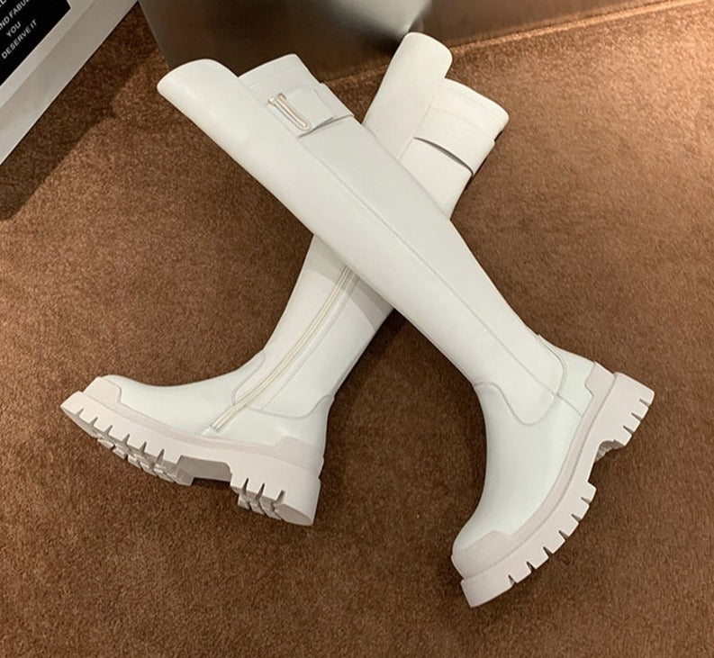 Leather platform thigh high boots round toe casual winter shoes Chunky flats