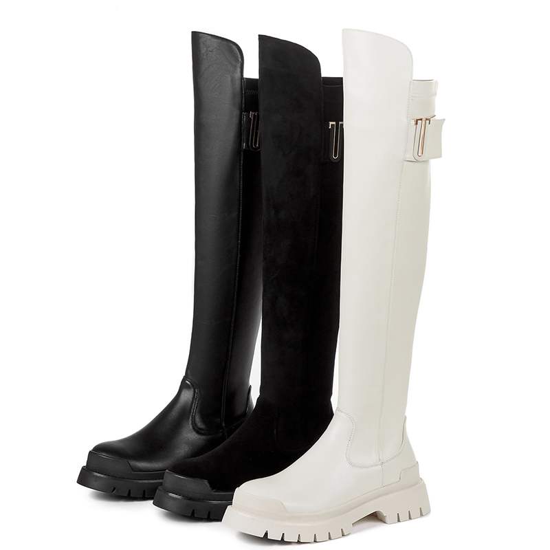 Leather platform thigh high boots round toe casual winter shoes Chunky flats