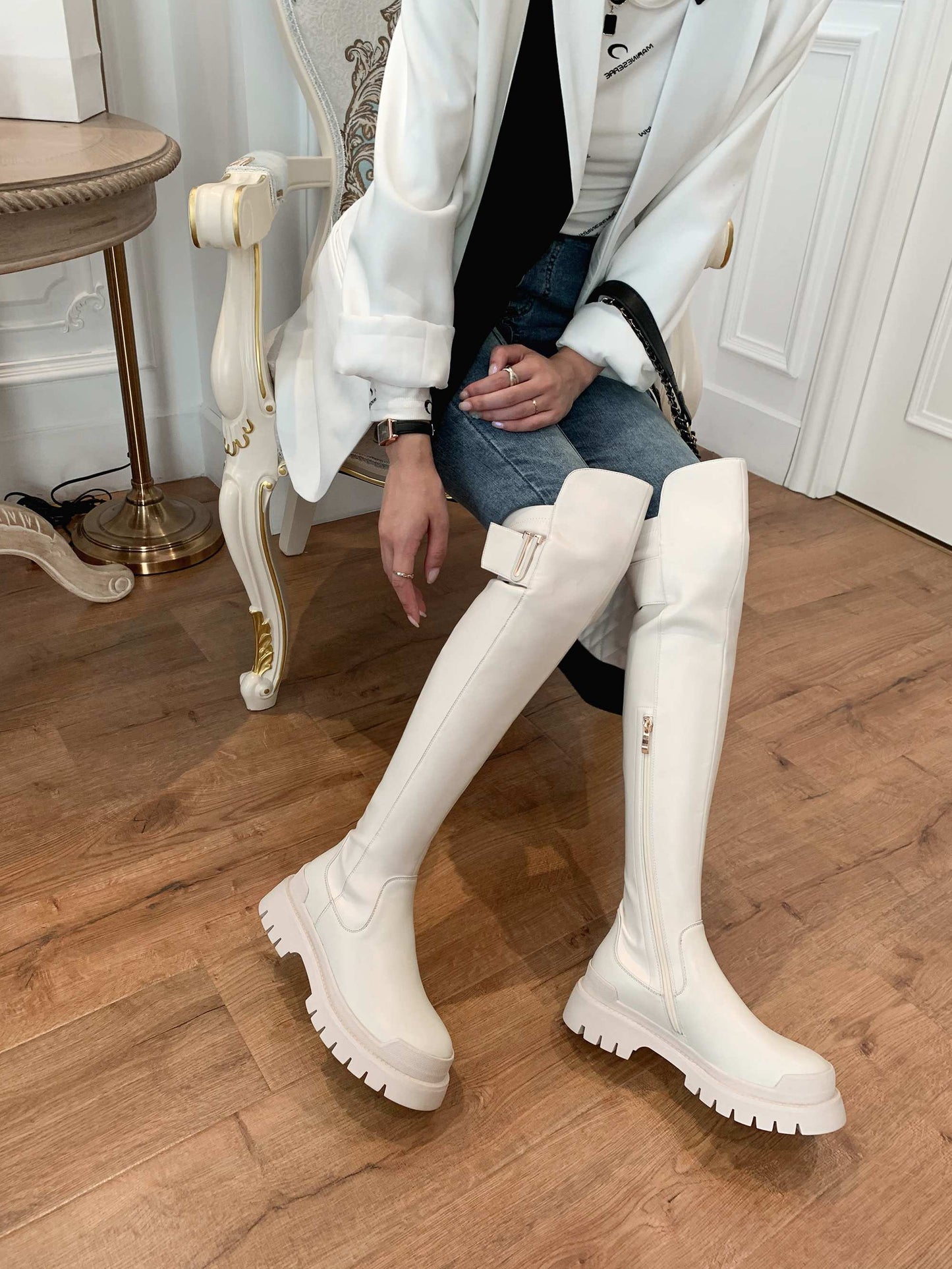 Leather platform thigh high boots round toe casual winter shoes Chunky flats