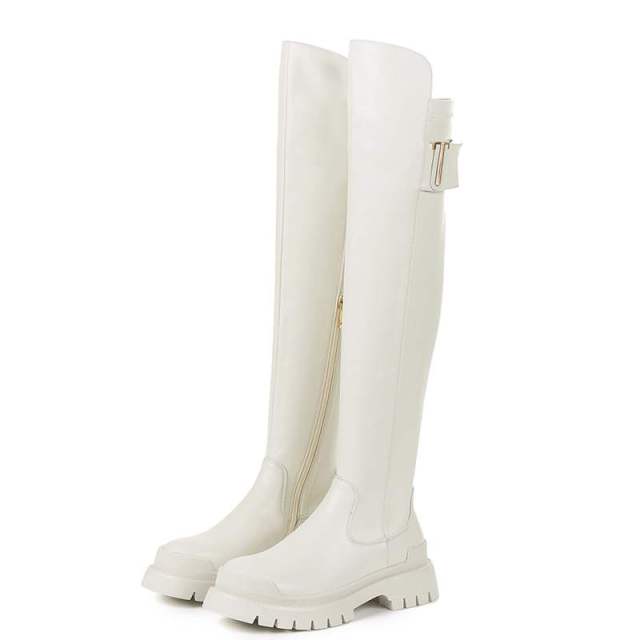 Leather platform thigh high boots round toe casual winter shoes Chunky flats