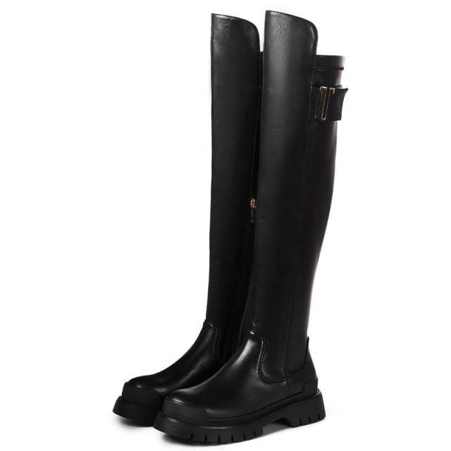 Leather platform thigh high boots round toe casual winter shoes Chunky flats