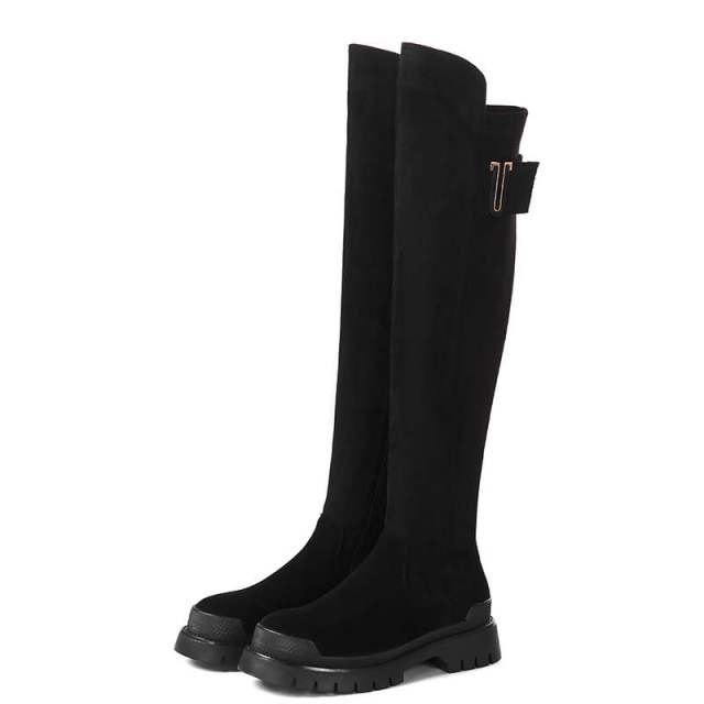 Leather platform thigh high boots round toe casual winter shoes Chunky flats