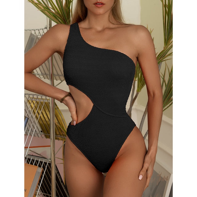 One Shoulder Women's Swimsuit One Piece Cut Out Swimwear 2022 Textured Monokini Solid Bathing Suits