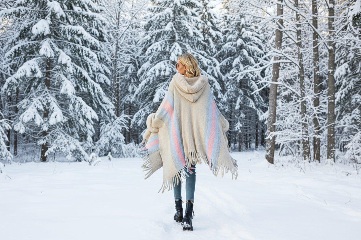 Woman wearing a colorful poncho in front of a building with 'CoffeeHead' signage.
