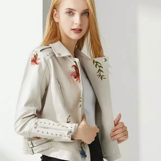 Women Retro Floral Print Embroidery Faux Soft Leather Jacket Coat Turndown Collar