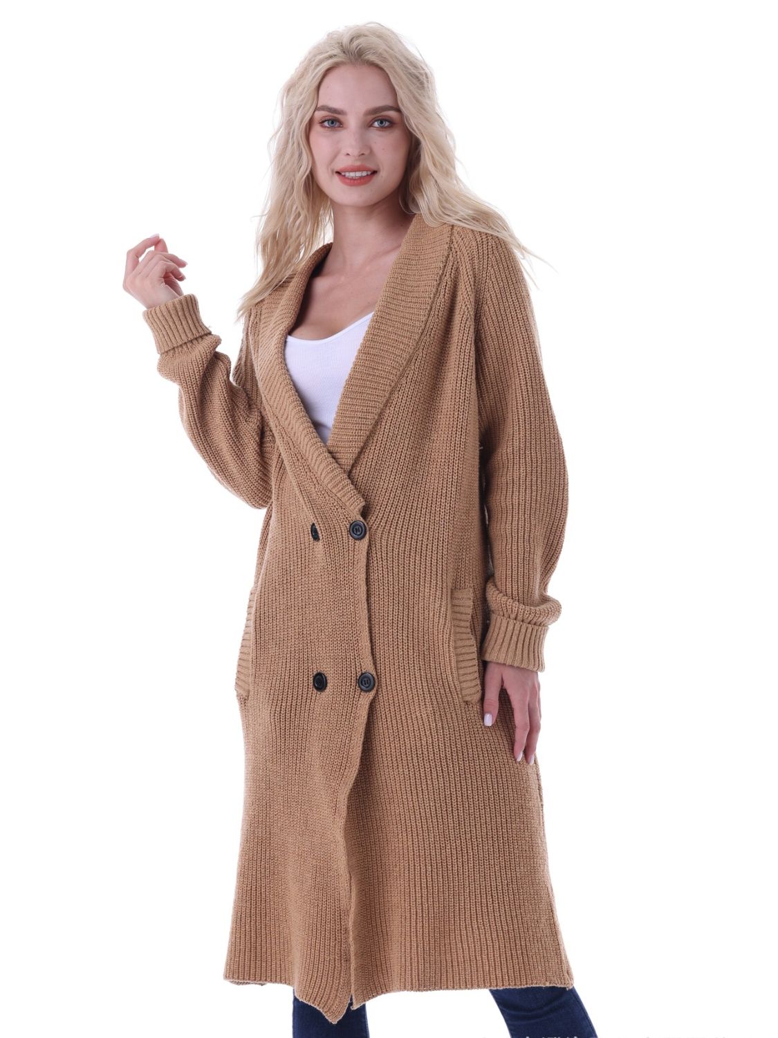 Double-Breasted Longline Cardigan with Pockets