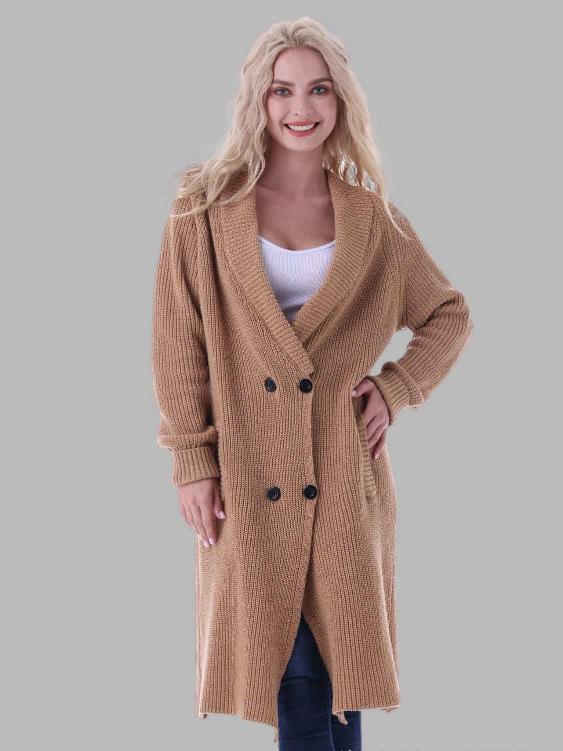 Double-Breasted Longline Cardigan with Pockets