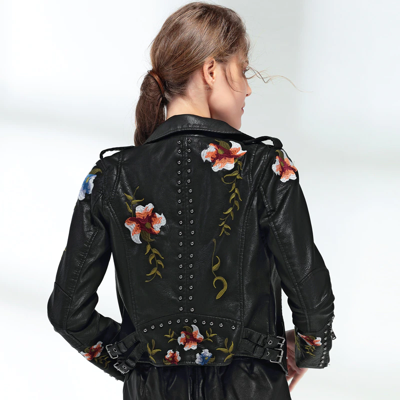 chaqueta de cuero con estampado Floral para mujer, abrigo Retro bordado, con cuello vuelto, de Pu, estilo motero, Punk, color negro