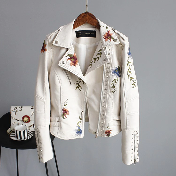 Women Retro Floral Print Embroidery Faux Soft Leather Jacket Coat