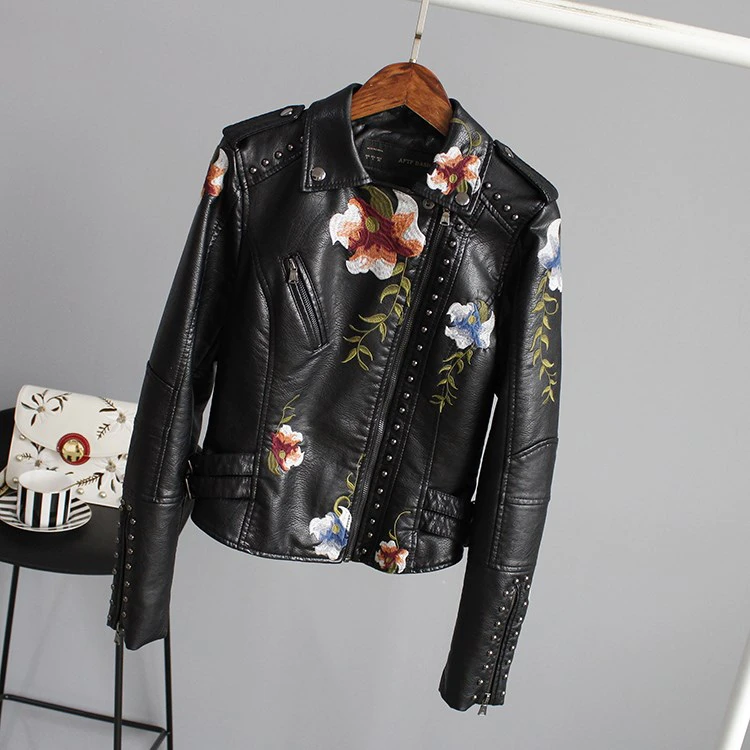 Women Retro Floral Print Embroidery Faux Soft Leather Jacket Coat Turndown Collar