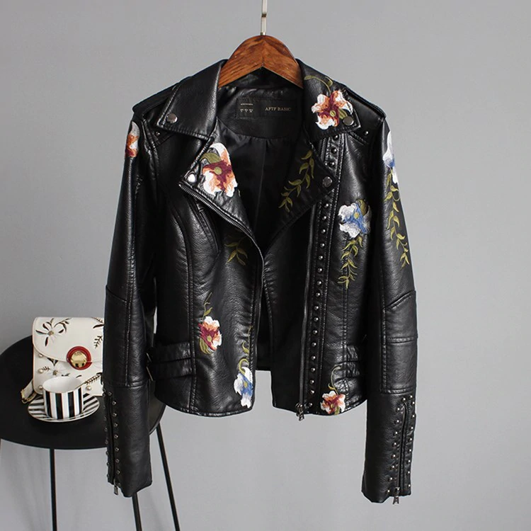 Women Retro Floral Print Embroidery Faux Soft Leather Jacket Coat Turndown Collar