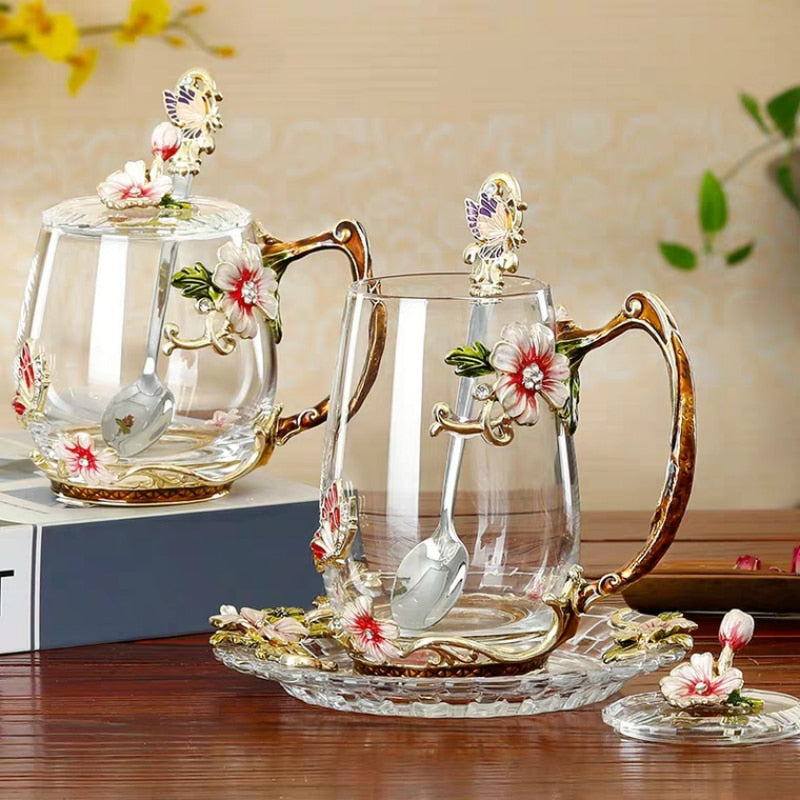 Coffee Cup Mug Flower Tea Glass Cups for Hot and Cold Drinks Tea Cup Spoon Set