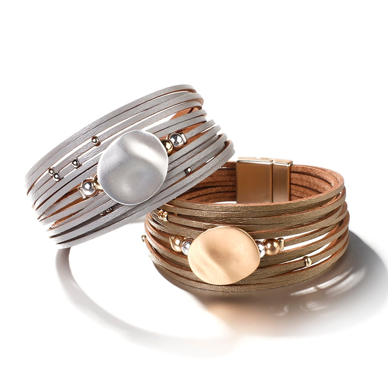 Metal Round Charm Leather Bracelets Fashion 14 Strips Bohemian Multilayer Wide Wrap