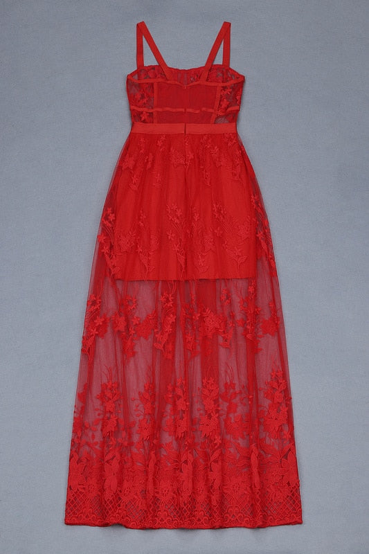 Celebrity High Quality Red Lace Sleeveless Hollow Out Long Rayon Bandage