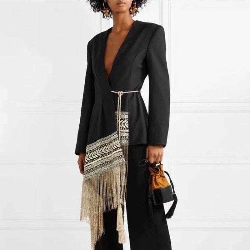 Loose Fit Spliced Contrast Color Tassel Belt Jacket New V-neck Long Sleeve Coat