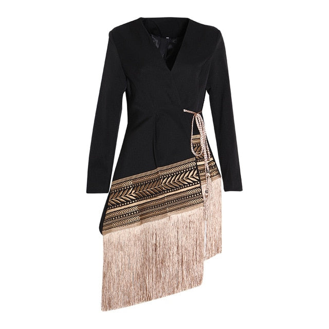 Loose Fit Spliced Contrast Color Tassel Belt Jacket New V-neck Long Sleeve Coat